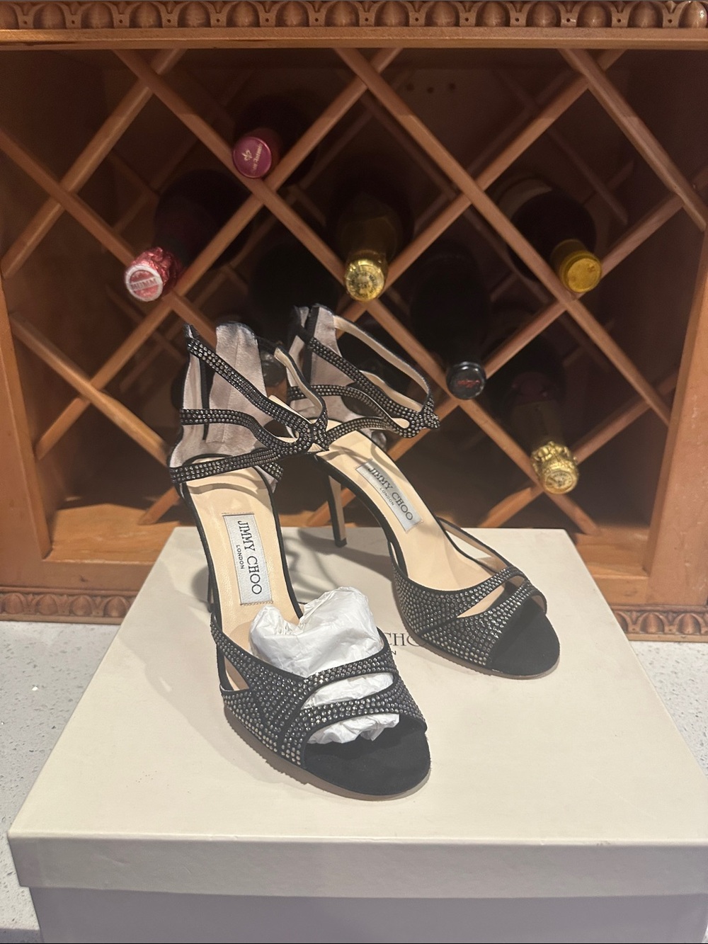 Jimmy Choo Black Rhinestone Strappy High Heel Sandals